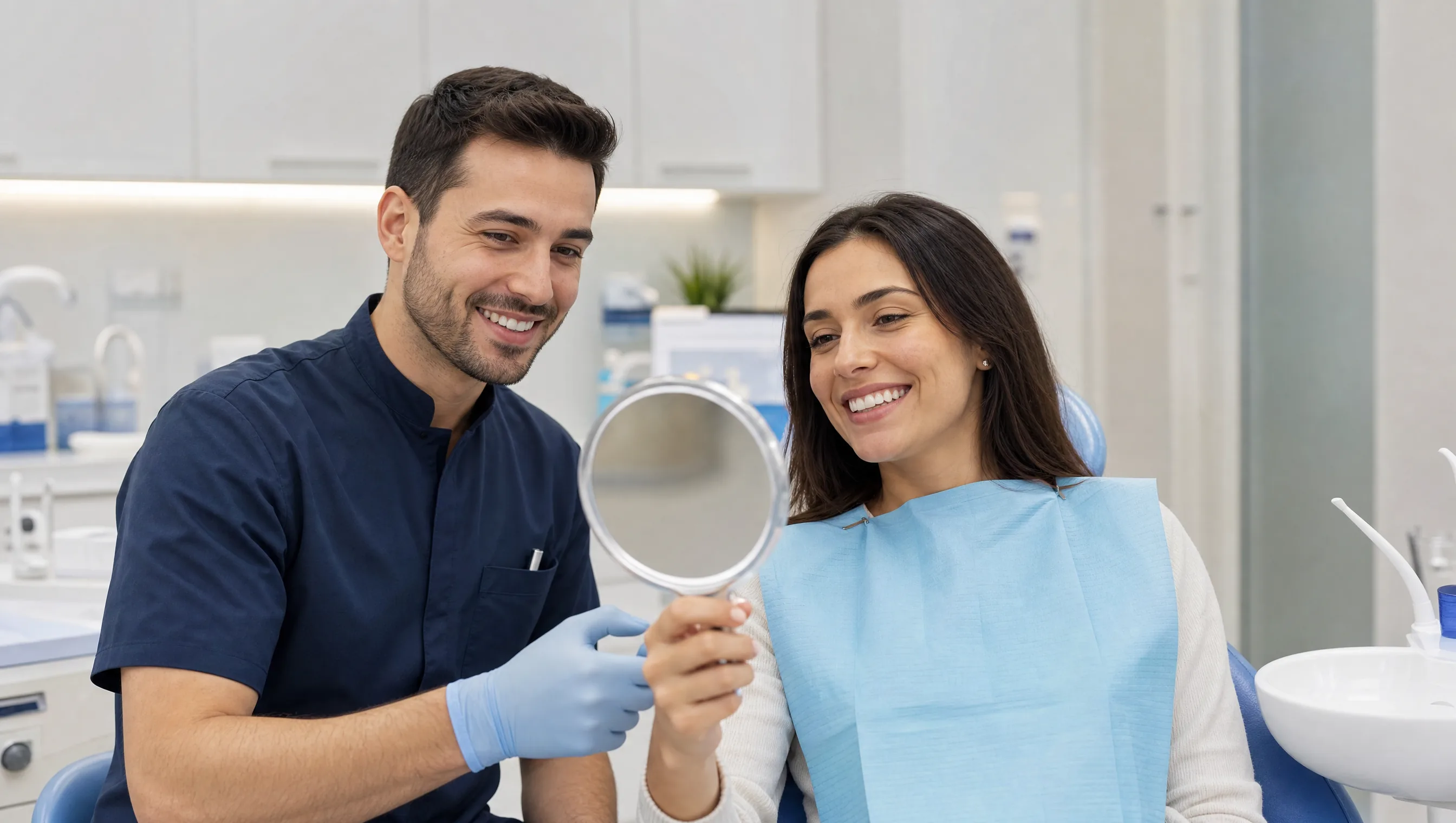 Dentist and patient reviewing a smile with a hand mirror
